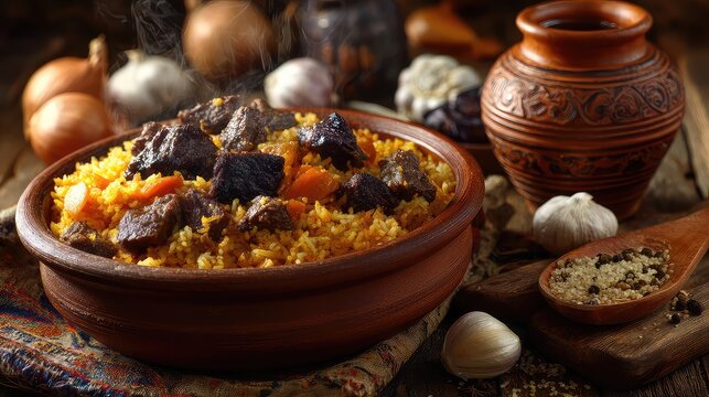 Traditional Uzbek plov (pilaf), fragrant rice dish with tender lamb or beef chunks, carrots, onions, and whole garlic heads