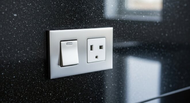 Close-up of a brushed metal light switch and electrical socket on a dark speckled wall.