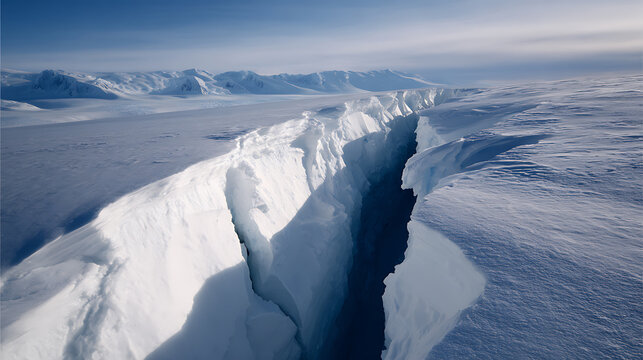 Dramatic icy crevasse in vast snowfield with distant mountains under a blue sky, an expansive and stark polar landscape