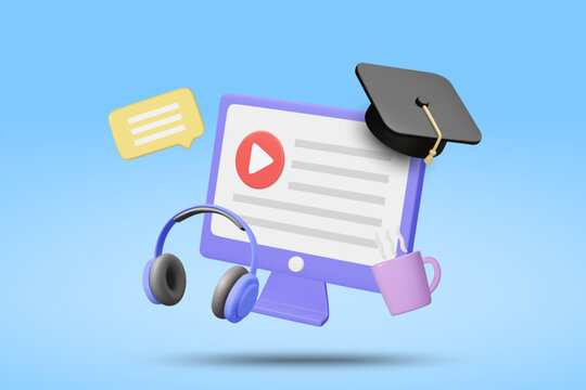 Online education 3d vector with purple computer monitor, graduation cap, headphone, chat bubble and hot coffee cup for digital learning, internet course, web tutorial, academic school concept.