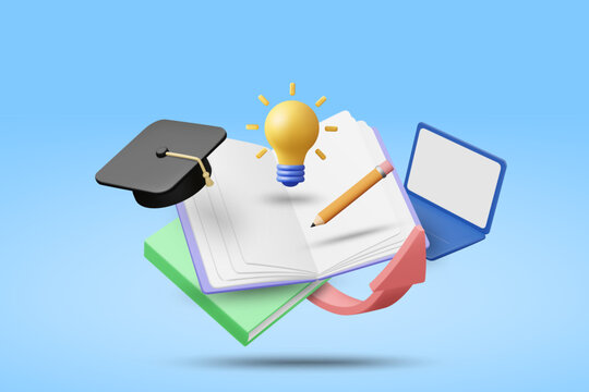 3d vector education concept with open book graduation cap light bulb and laptop computer for online learning school and university training study knowledge icons isolated on blue background.