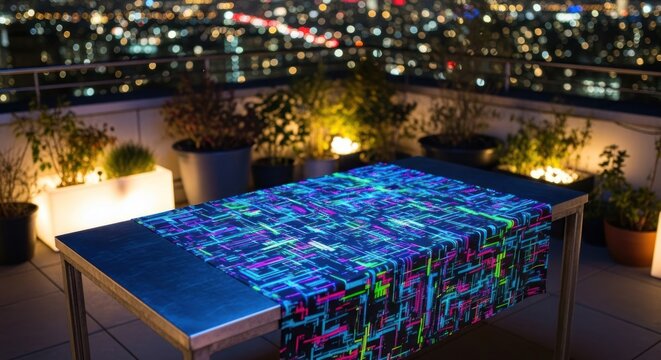 Modern table runner with neon geometric pattern on a city balcony at night.