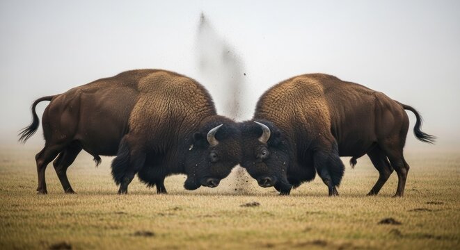 Two bison butt heads in a dust cloud on a dry field.