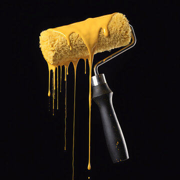  Paint Roller with Dripping Yellow Paint with black background.isolated
