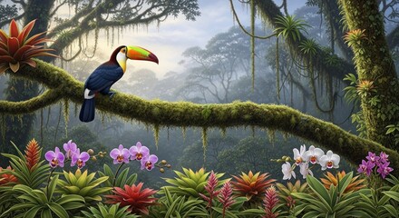 Naklejka premium A toucan perches on a mossy branch in a misty, lush rainforest with orchids.