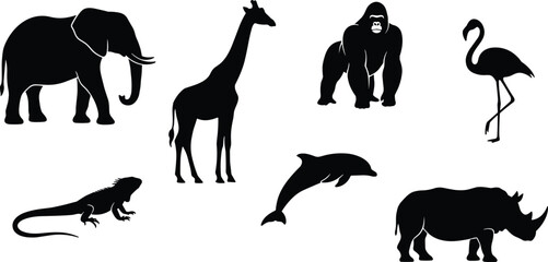 Collection of wild animal silhouettes featuring elephant giraffe gorilla flamingo iguana dolphin and rhinoceros isolated on white background © Mukta