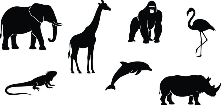 Collection of wild animal silhouettes featuring elephant giraffe gorilla flamingo iguana dolphin and rhinoceros isolated on white background