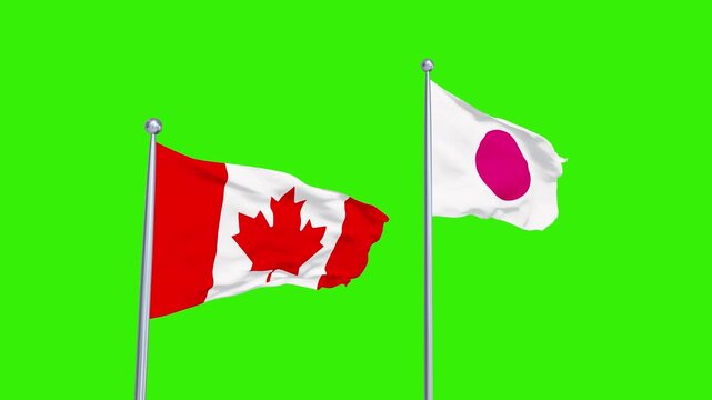 Canada Japan National Flags Flying Side by Side on Flagpoles with Sky Background