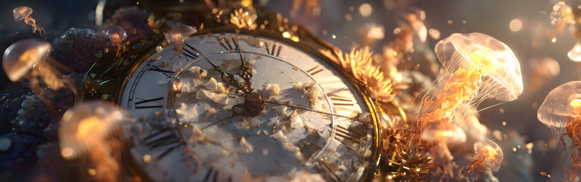 Surreal vintage pocket watch submerged with glowing jellyfish and golden corals