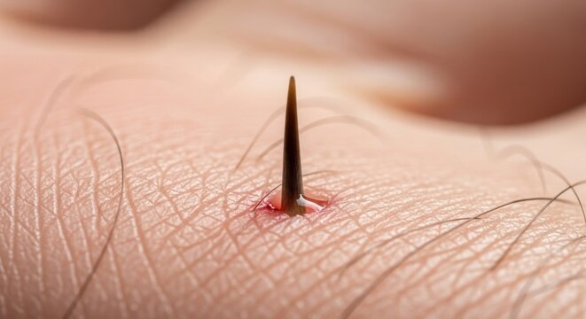 A splinter is removed from human skin.