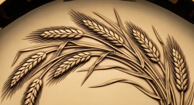 Close-up of embossed wheat stalks on a metallic surface, symbolizing harvest and abundance
