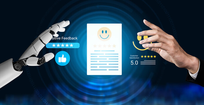 Visual representation of a human and a robot hand engaged in a positive feedback interaction, showcasing customer satisfaction in a modern digital environment. Cyphers