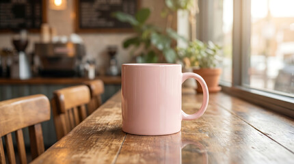 Fototapeta premium Pink coffee mug on wooden table in cafe interior with natural light