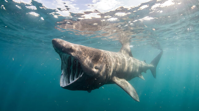 Giant basking shark with open mouth swims near ocean surface, a filter feeder consuming plankton in its natural marine habitat.