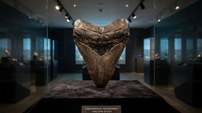 Immense fossilized tooth of the extinct Megalodon shark on display in a museum exhibit showcasing its prehistoric size