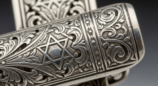 Intricate antique silver mezuzah case with Star of David and floral engravings