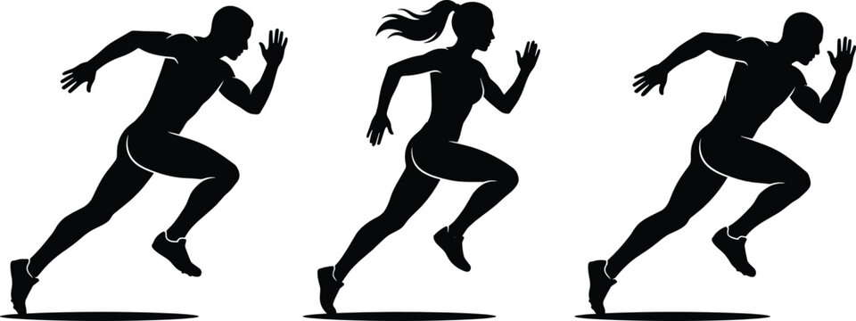 Athletic Male and Female Runner Silhouettes in Sprinting Poses for Marathon Posters, Fitness App Branding, Gym Promotions, and Track and Field Competition Graphic Designs