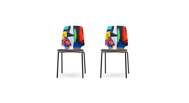 Two identical toy rocking horses on white background, with colorful saddles, and bridles