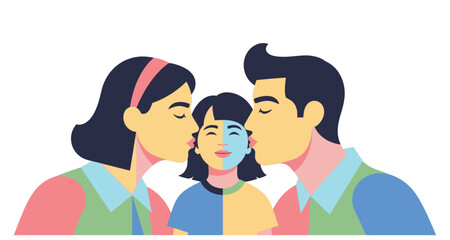 Fototapeta premium Family with child being kissed by parents on transparent background