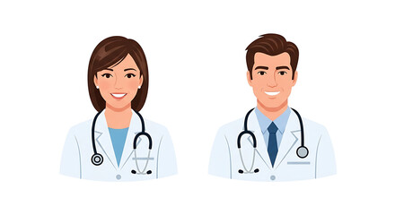 Fototapeta premium Two smiling doctors in white coats with stethoscopes and medical charts woman