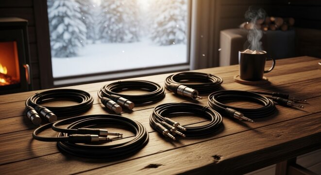 Coiled audio cables on a wooden table in a warm winter setting