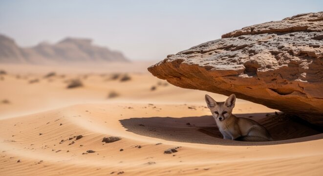 Fennec fox resting under a rock in the vast sandy desert