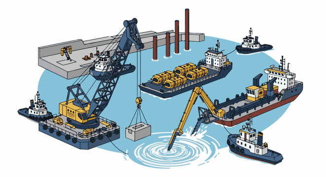 Maritime construction scene with barges, cranes, tugs, and dredging
