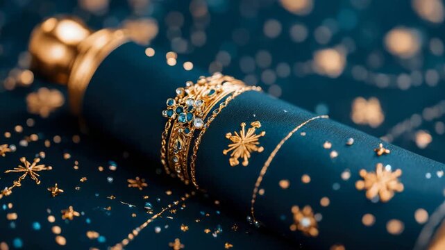 Elegant dark teal cylinder wrapped in luxurious fabric adorned with golden jewelry and gem on festive sparkling surface with golden snowflake motif and soft bokeh