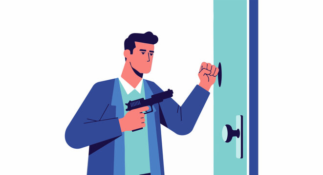 Man in a suit holds a gun and knocks on a door