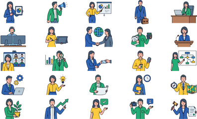 Fototapeta premium Collection of Business Professionals Engaged in Diverse Work Activities and Concepts, Including Meetings, Presentations, and Collaboration, Flat Design Style