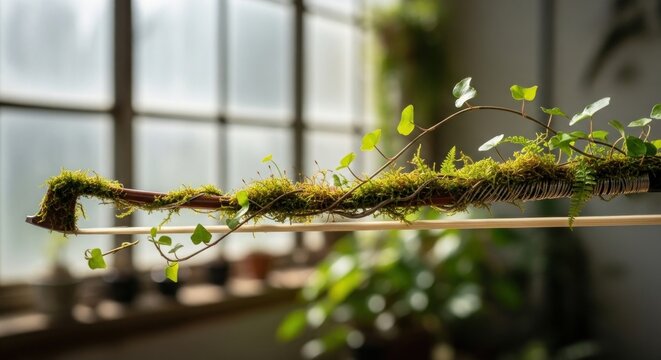 A violin bow covered in moss and ivy.