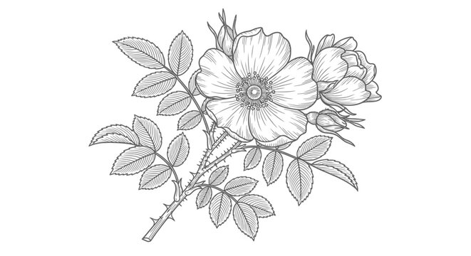 Detailed botanical illustration of rose flowers with leaves and thorns isolated