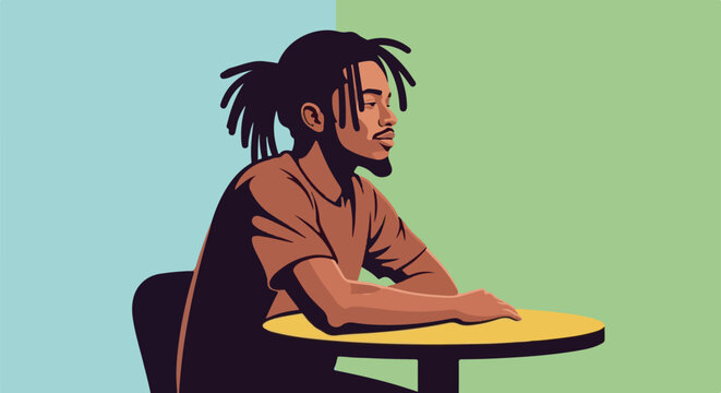 Man with dreadlocks sits thoughtfully at a yellow table, two colors