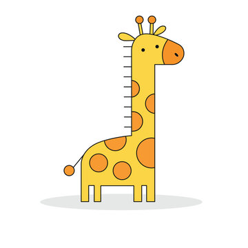 A simple cartoon illustration of a yellow giraffe with orange circular spots and black outlines. The giraffe has a long neck, small ears, and orange eyes. It stands on four short legs with a thin