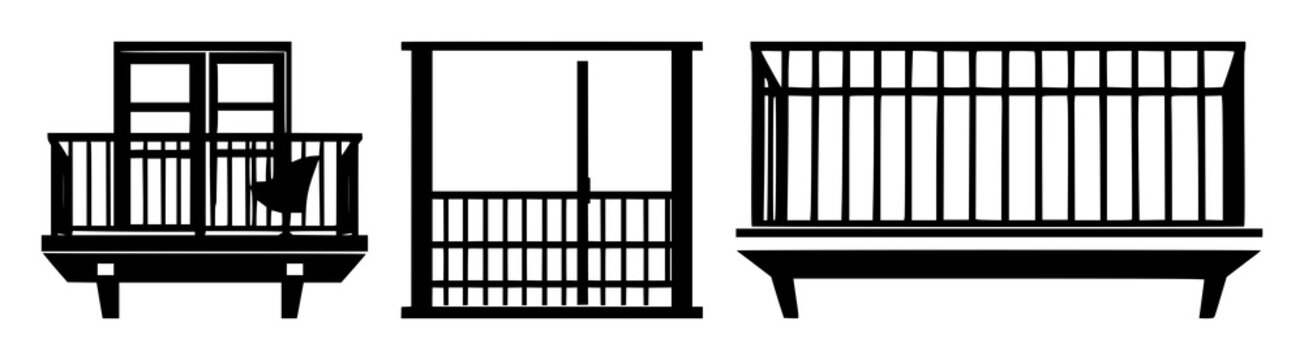Balcony set with solid black icon featuring railing, architecture, building with terrace and home design elements