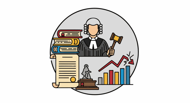 Judicial figure with gavel, law books, scroll, statue, and finance chart