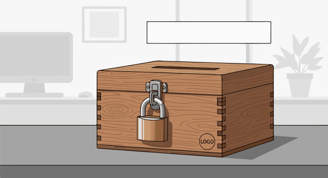 Locked wooden ballot box on a desk with computer and plant