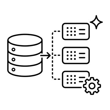 Synthetic data distribution line icon with database branching to generated datasets
