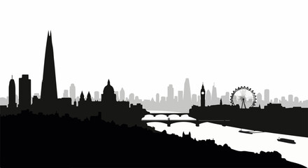 Fototapeta premium Iconic city skyline silhouetted against a bright sky, with a river