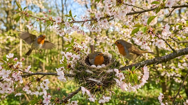 Robins nesting in a blossoming tree with flowers.