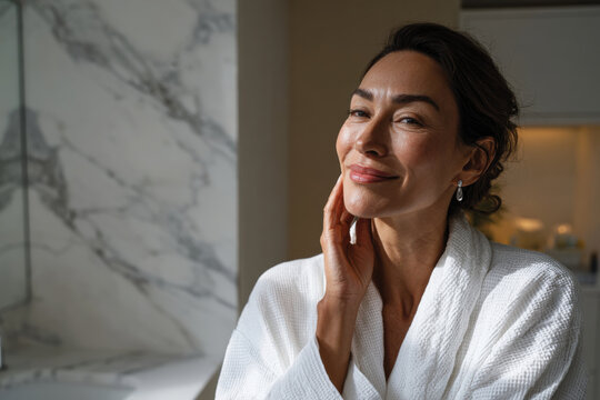A joyful woman in a spa robe gently touches her face, showcasing her radiant complexion and happiness as she experiences the benefits of high-quality skincare products and treatments.
