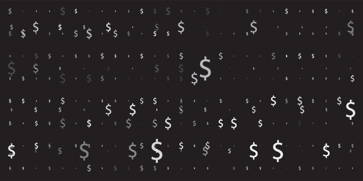 Seamless background pattern of evenly spaced white number five symbols of different sizes and opacity. Vector illustration on black background with stars