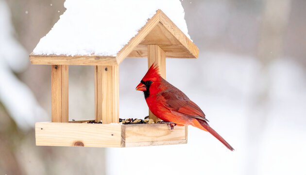 Red cardinal eating from a birder feeder in winter. AI