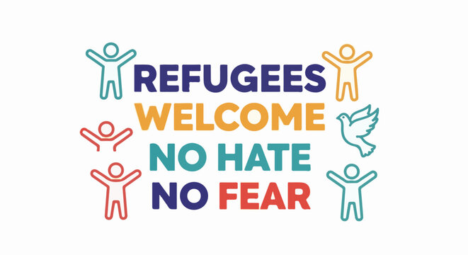 Graphic with colorful text refugees welcome no hate no fear and icons