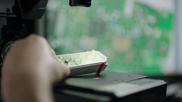 Hand Adjusts Electronic Component Under Microscope with Circuit Board in Laboratory