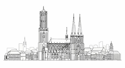 Naklejka premium Gothic cathedral spire, towers, and surrounding buildings form a detailed cityscape