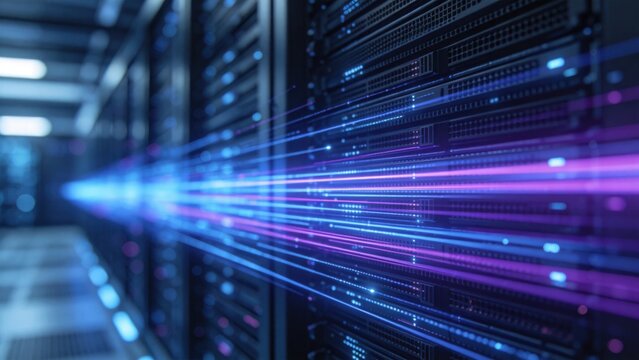 Ultra fast data transfer in server data center with glowing digital network streams and advanced cloud computing systems, idea for big data technology high performance processing