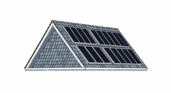 Illustration of a pitched roof with rows of dark solar panels