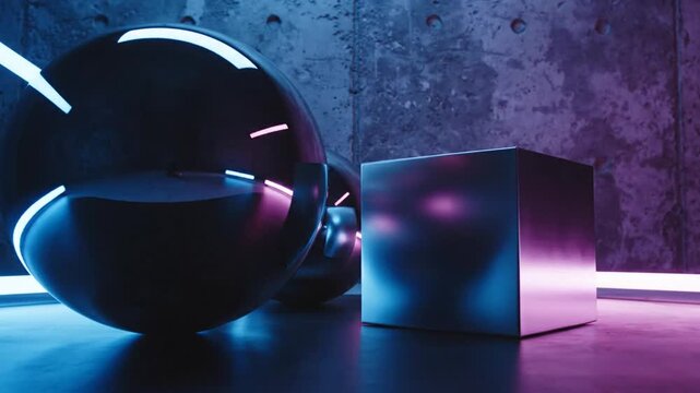 Abstract chrome sphere and cube with neon lights on concrete