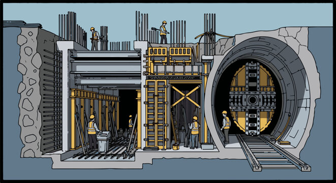 Illustration of tunnel boring machine construction site with workers